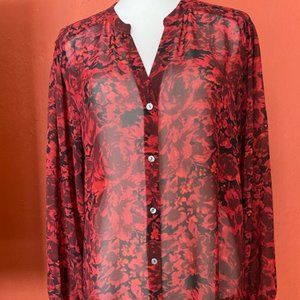 Ann Taylor~Red and Black rose prints~Floral~Long Sleeve Blouse~Semi Sheer~Medium